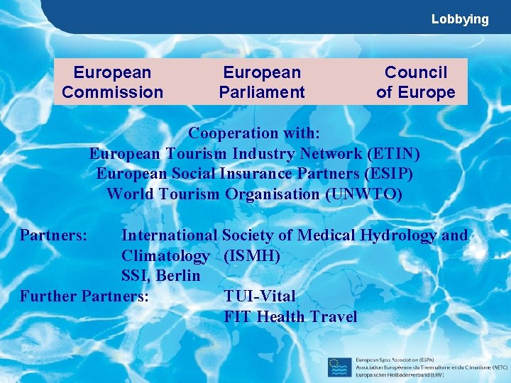 Lobbying European Commission European Parliament Council of Europe Cooperation with: European Tourism Industry Network