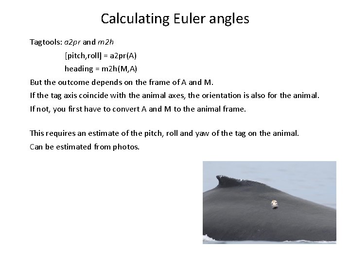 Calculating Euler angles Tagtools: a 2 pr and m 2 h [pitch, roll] =