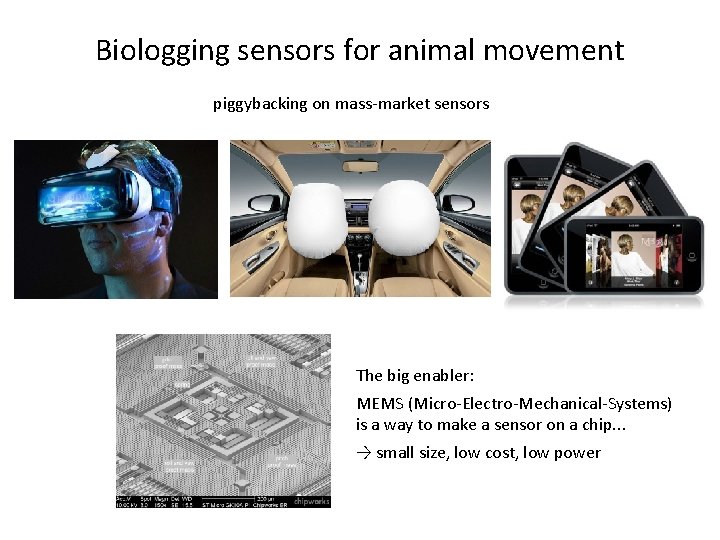 Biologging sensors for animal movement piggybacking on mass-market sensors The big enabler: MEMS (Micro-Electro-Mechanical-Systems)