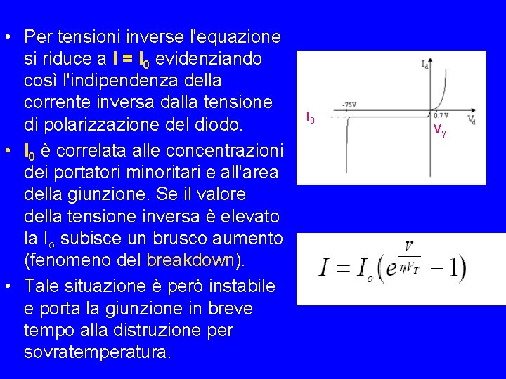  • Per tensioni inverse l'equazione si riduce a I = I 0 evidenziando