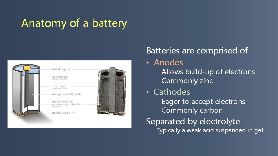 Anatomy of a battery Batteries are comprised of • Anodes Allows build-up of electrons