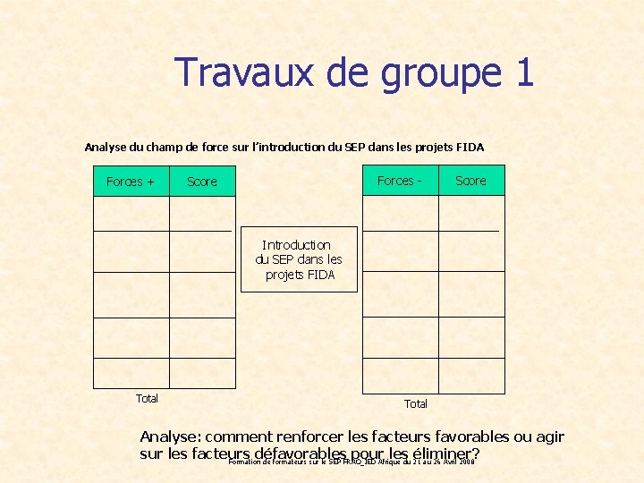 Travaux de groupe 1 Analyse du champ de force sur l’introduction du SEP dans