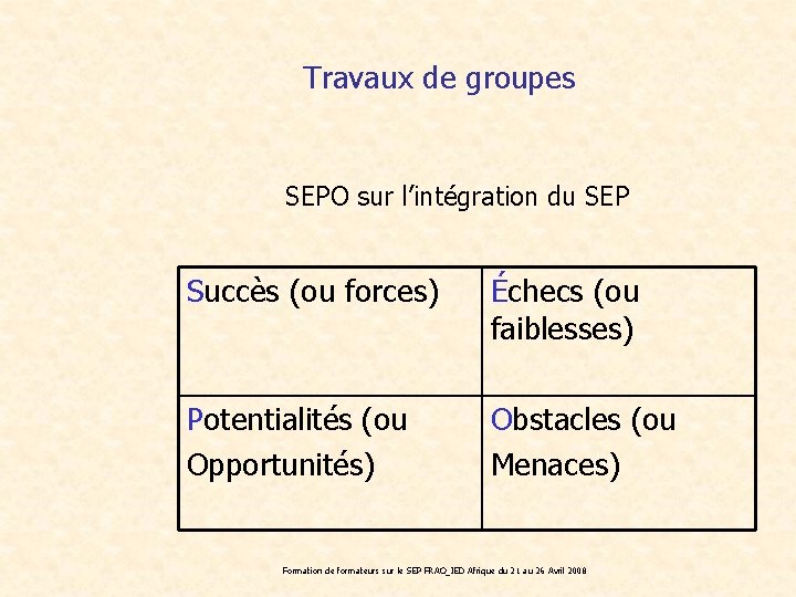 Travaux de groupes SEPO sur l’intégration du SEP Succès (ou forces) Échecs (ou faiblesses)