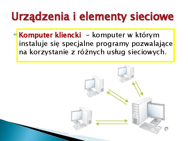 Urządzenia i elementy sieciowe Komputer kliencki - komputer w którym instaluje się specjalne programy
