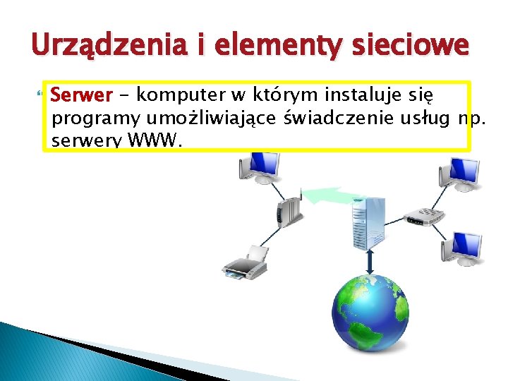 Urządzenia i elementy sieciowe Serwer - komputer w którym instaluje się programy umożliwiające świadczenie