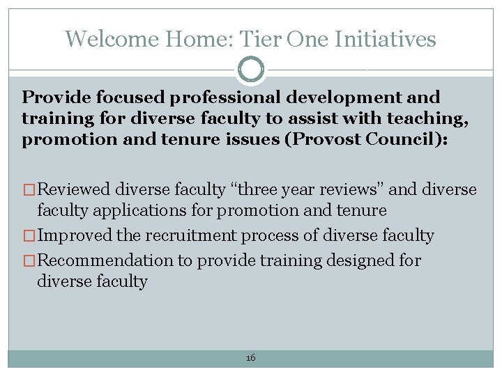 Welcome Home: Tier One Initiatives Provide focused professional development and training for diverse faculty