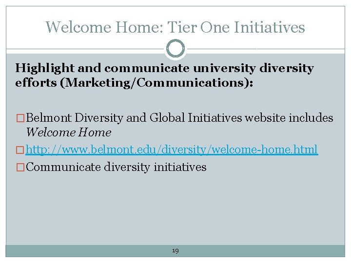 Welcome Home: Tier One Initiatives Highlight and communicate university diversity efforts (Marketing/Communications): �Belmont Diversity