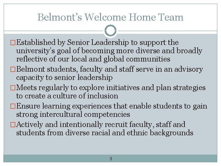 Belmont’s Welcome Home Team �Established by Senior Leadership to support the university’s goal of