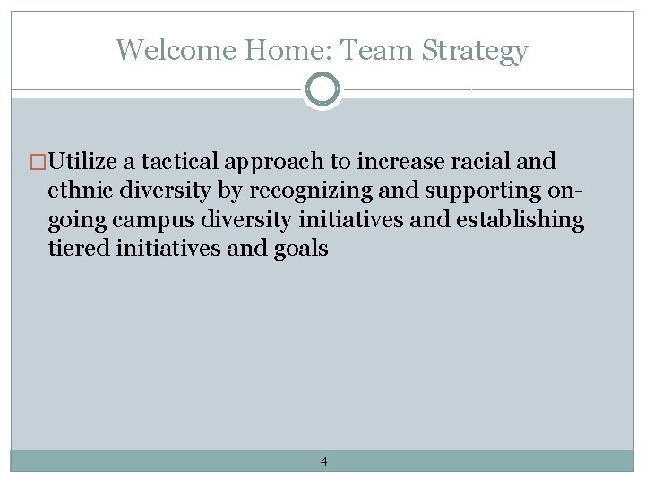 Welcome Home: Team Strategy �Utilize a tactical approach to increase racial and ethnic diversity