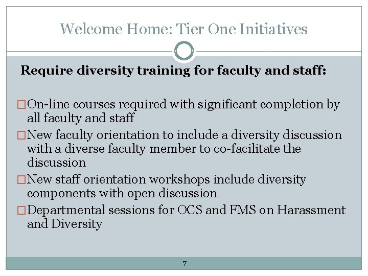 Welcome Home: Tier One Initiatives Require diversity training for faculty and staff: �On-line courses