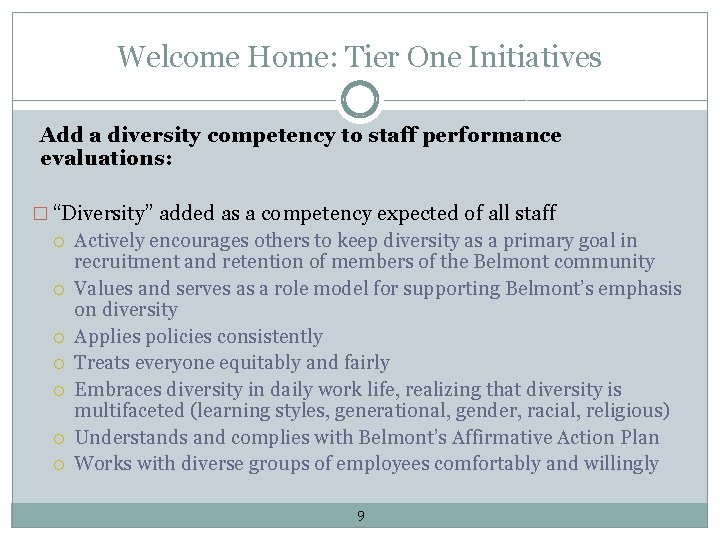 Welcome Home: Tier One Initiatives Add a diversity competency to staff performance evaluations: �