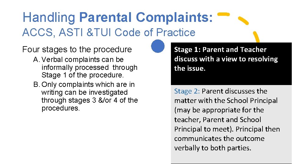 Handling Parental Complaints: ACCS, ASTI &TUI Code of Practice Four stages to the procedure