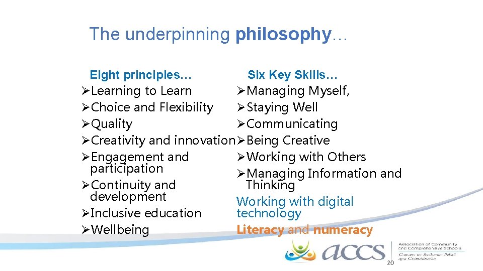 The underpinning philosophy… Eight principles… Six Key Skills… ØLearning to Learn ØManaging Myself, ØChoice