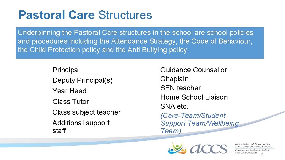 Pastoral Care Structures Underpinning the Pastoral Care structures in the school are school policies