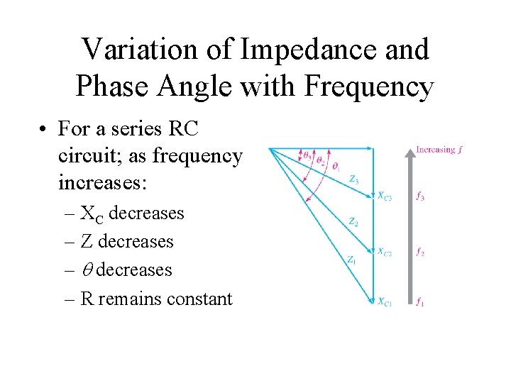 Variation of Impedance and Phase Angle with Frequency • For a series RC circuit; Variation of Impedance and Phase Angle with Frequency • For a series RC circuit;