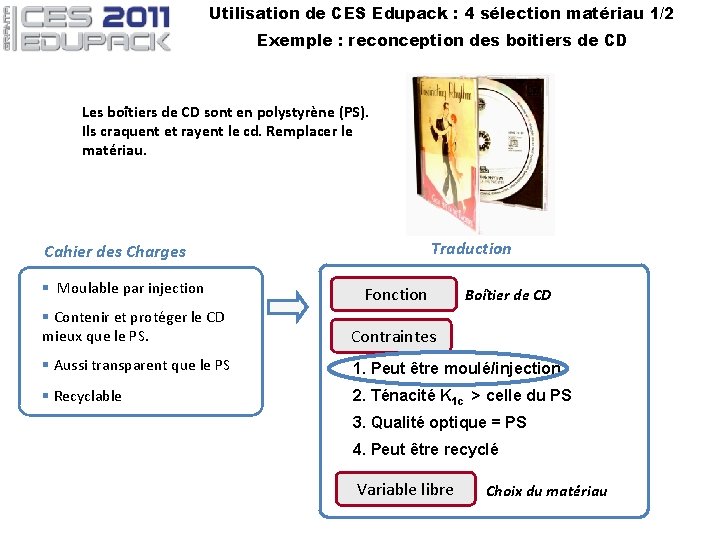 Utilisation de CES Edupack : 4 sélection matériau 1/2 Exemple : reconception des boitiers