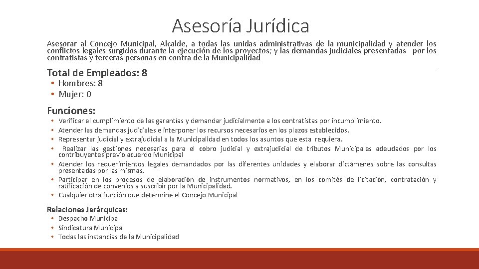 Asesoría Jurídica Asesorar al Concejo Municipal, Alcalde, a todas las unidas administrativas de la