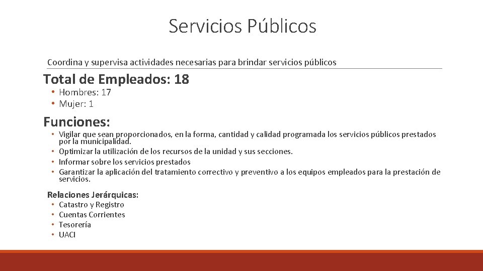 Servicios Públicos Coordina y supervisa actividades necesarias para brindar servicios públicos Total de Empleados: