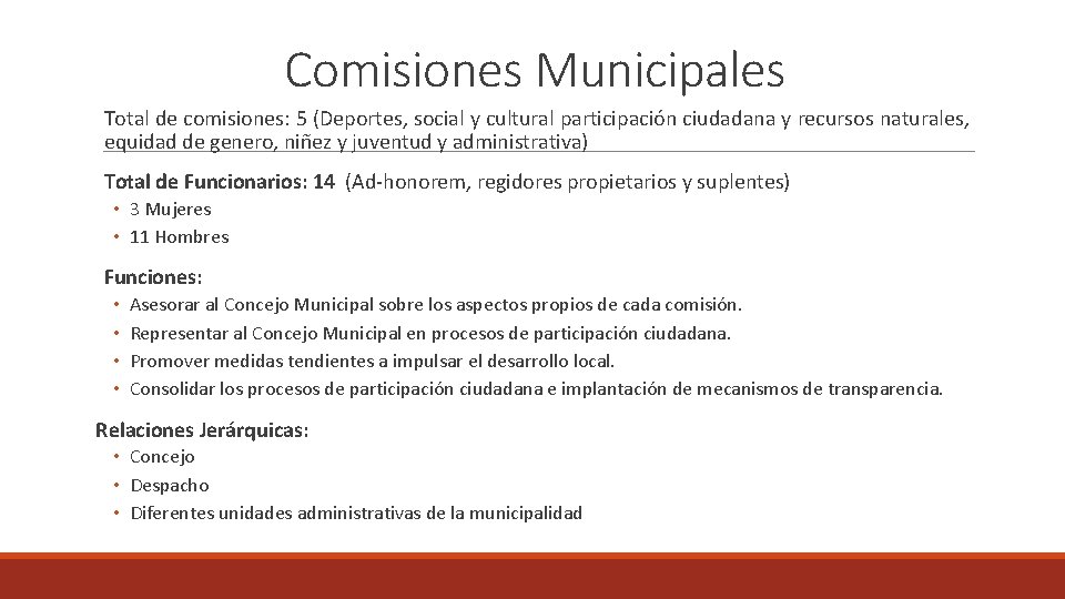 Comisiones Municipales Total de comisiones: 5 (Deportes, social y cultural participación ciudadana y recursos