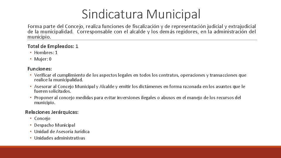 Sindicatura Municipal Forma parte del Concejo, realiza funciones de fiscalización y de representación judicial