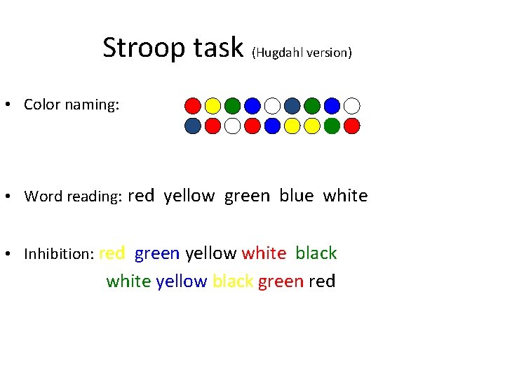 Stroop task (Hugdahl version) • Color naming: • Word reading: red yellow green blue