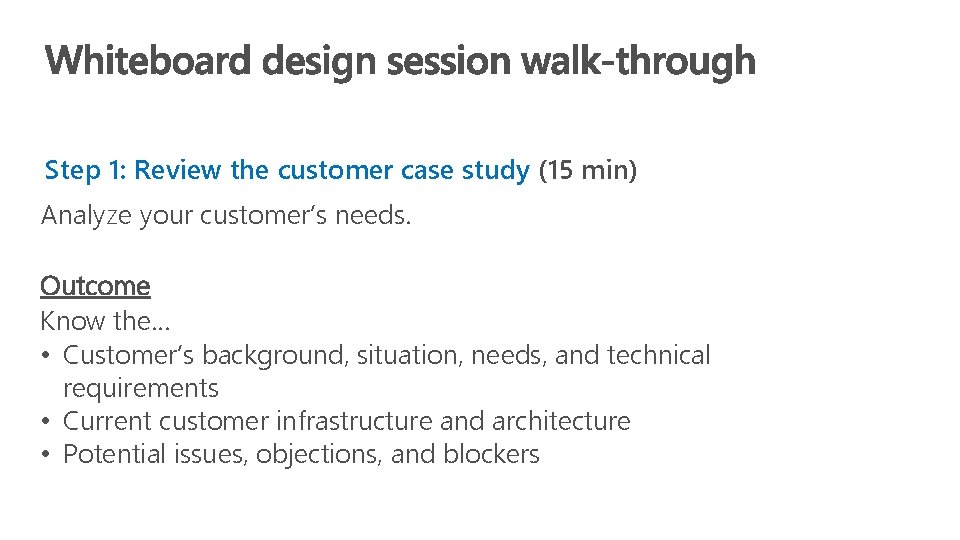 Step 1: Review the customer case study (15 min) Analyze your customer’s needs. Outcome