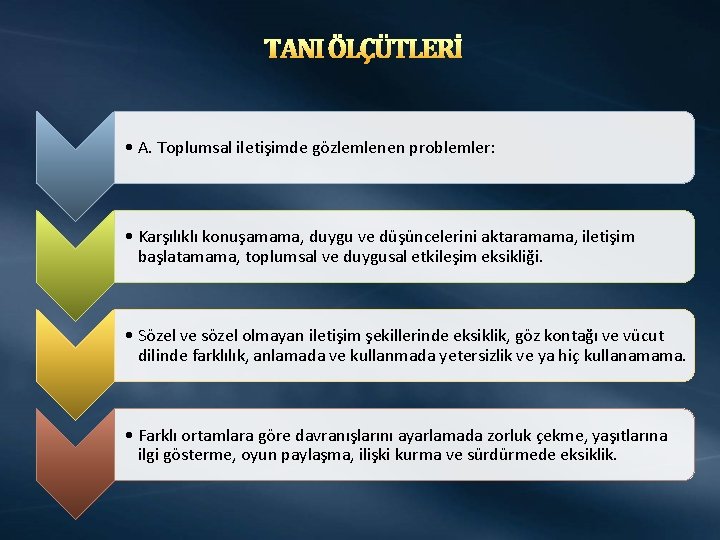 TANI ÖLÇÜTLERİ • A. Toplumsal iletişimde gözlemlenen problemler: • Karşılıklı konuşamama, duygu ve düşüncelerini