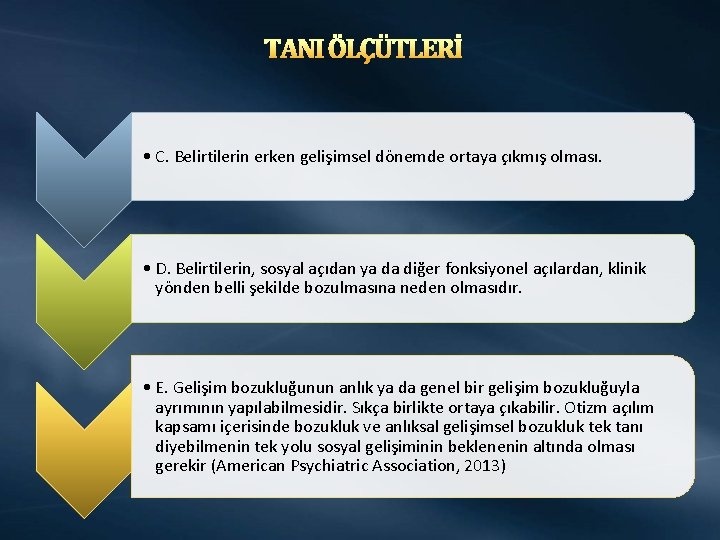 TANI ÖLÇÜTLERİ • C. Belirtilerin erken gelişimsel dönemde ortaya çıkmış olması. • D. Belirtilerin,