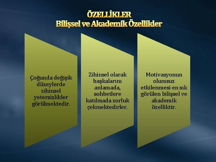 ÖZELLİKLER Bilişsel ve Akademik Özellikler Çoğunda değişik düzeylerde zihinsel yetersizlikler görülmektedir. Zihinsel olarak başkalarını