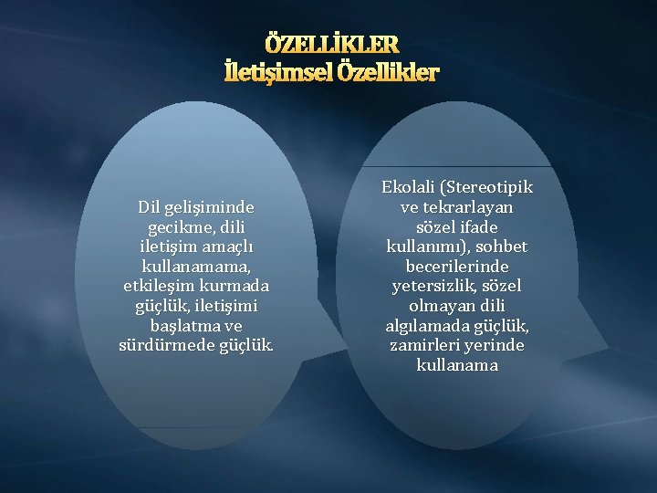 ÖZELLİKLER İletişimsel Özellikler Dil gelişiminde gecikme, dili iletişim amaçlı kullanamama, etkileşim kurmada güçlük, iletişimi