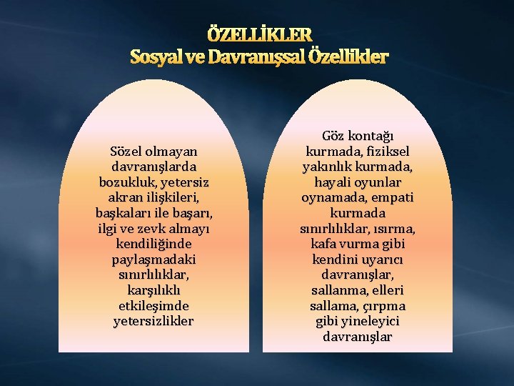 ÖZELLİKLER Sosyal ve Davranışsal Özellikler Sözel olmayan davranışlarda bozukluk, yetersiz akran ilişkileri, başkaları ile