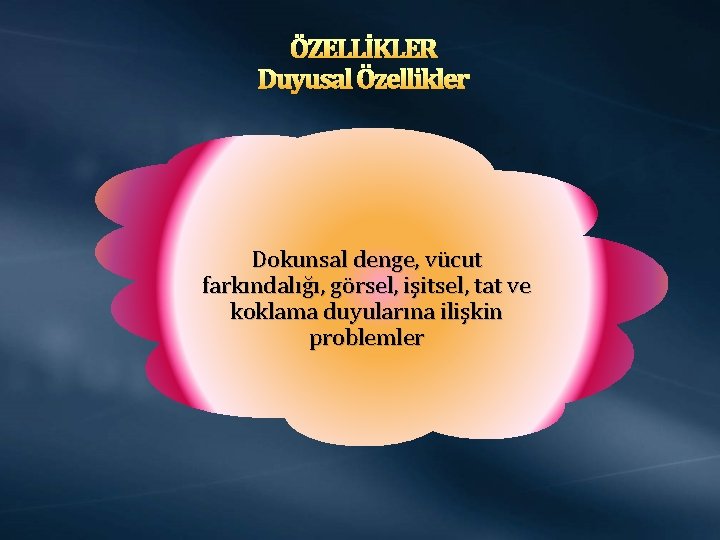 ÖZELLİKLER Duyusal Özellikler Dokunsal denge, vücut farkındalığı, görsel, işitsel, tat ve koklama duyularına ilişkin