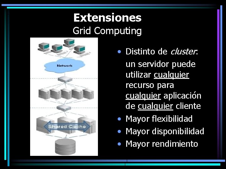 Extensiones Grid Computing • Distinto de cluster: un servidor puede utilizar cualquier recurso para