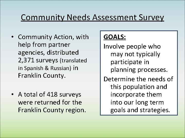 Community Needs Assessment Survey • Community Action, with help from partner agencies, distributed 2,
