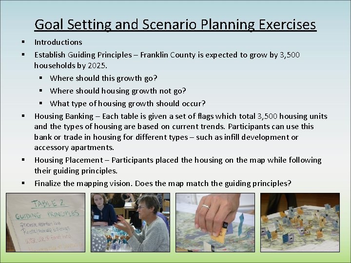 Goal Setting and Scenario Planning Exercises § § § Introductions Establish Guiding Principles –