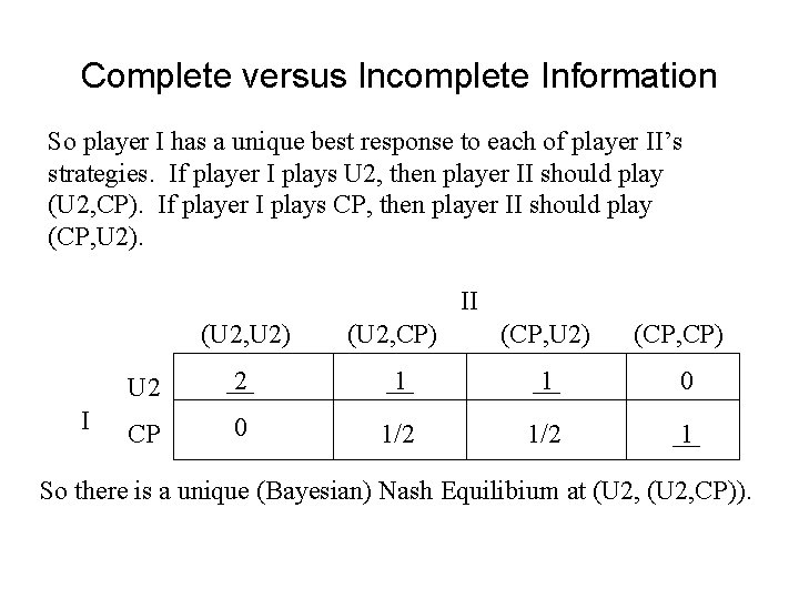 Complete versus Incomplete Information So player I has a unique best response to each