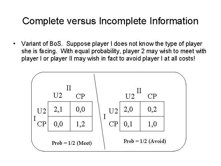 Complete versus Incomplete Information • Variant of Bo. S. Suppose player I does not