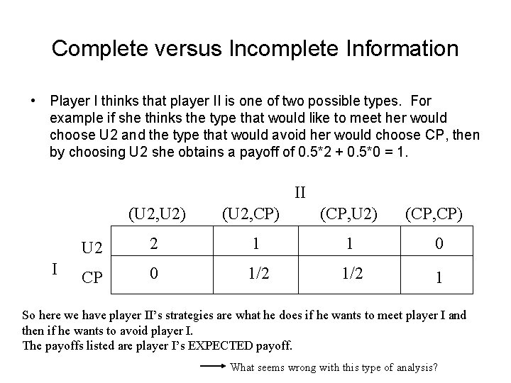 Complete versus Incomplete Information • Player I thinks that player II is one of