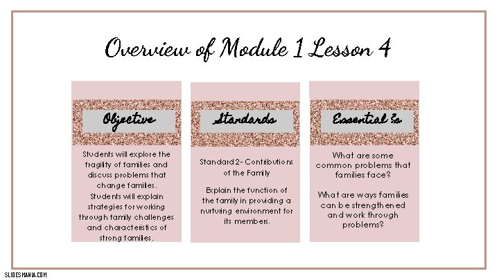 Overview of Module 1 Lesson 4 Objective Students will explore the fragility of families