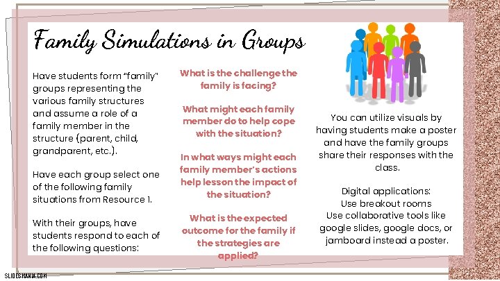 Family Simulations in Groups Have students form “family” groups representing the various family structures