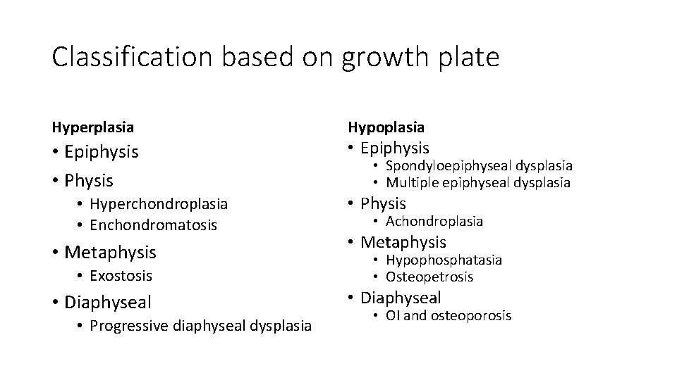 Classification based on growth plate Hyperplasia • Epiphysis • Physis • Hyperchondroplasia • Enchondromatosis