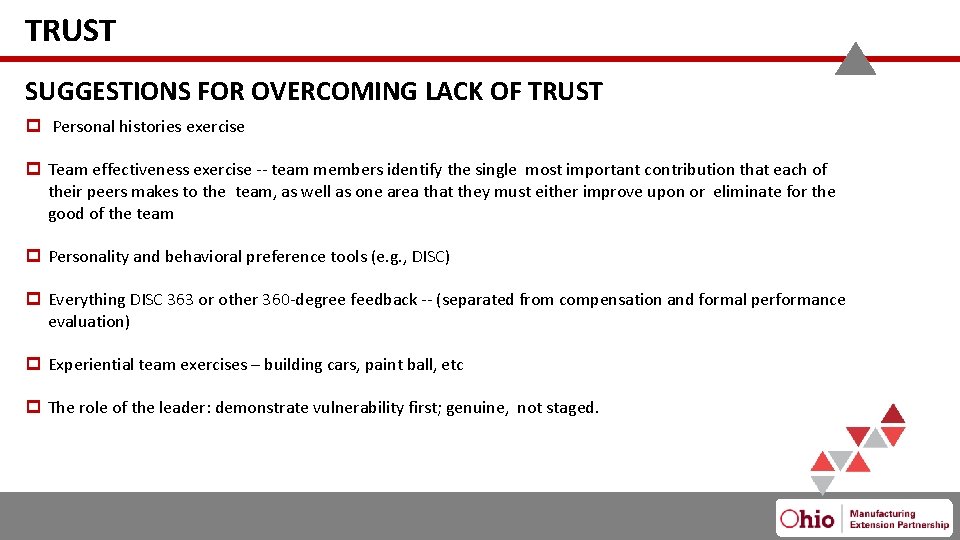 TRUST SUGGESTIONS FOR OVERCOMING LACK OF TRUST Personal histories exercise Team effectiveness exercise --