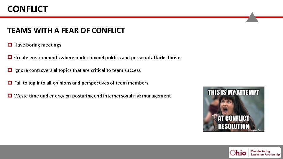 CONFLICT TEAMS WITH A FEAR OF CONFLICT Have boring meetings Create environments where back-channel