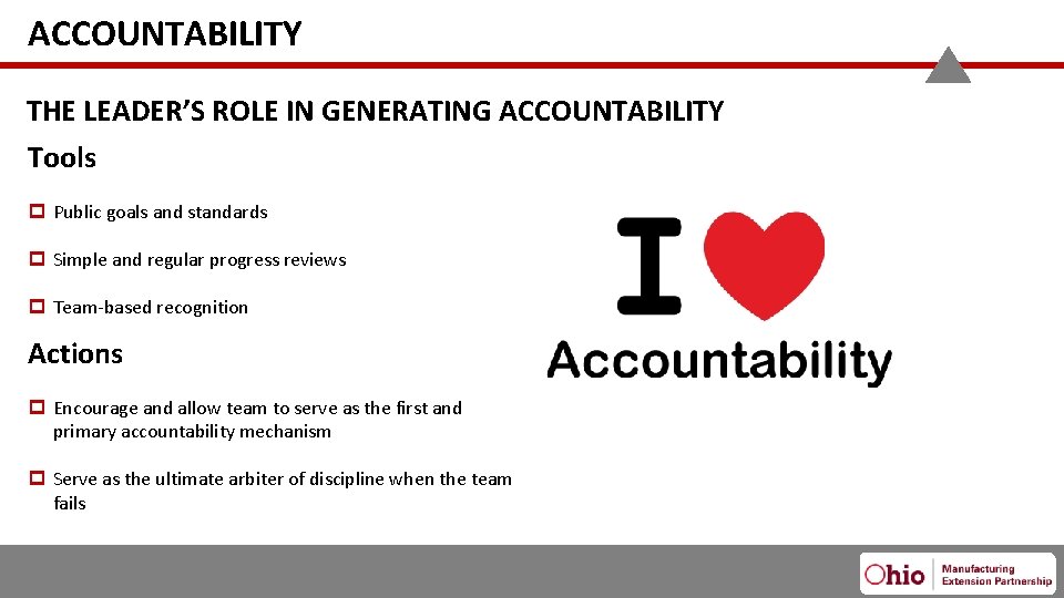 ACCOUNTABILITY THE LEADER’S ROLE IN GENERATING ACCOUNTABILITY Tools Public goals and standards Simple and