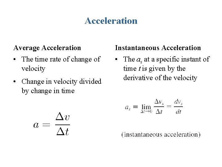 Acceleration Average Acceleration Instantaneous Acceleration • The time rate of change of velocity •