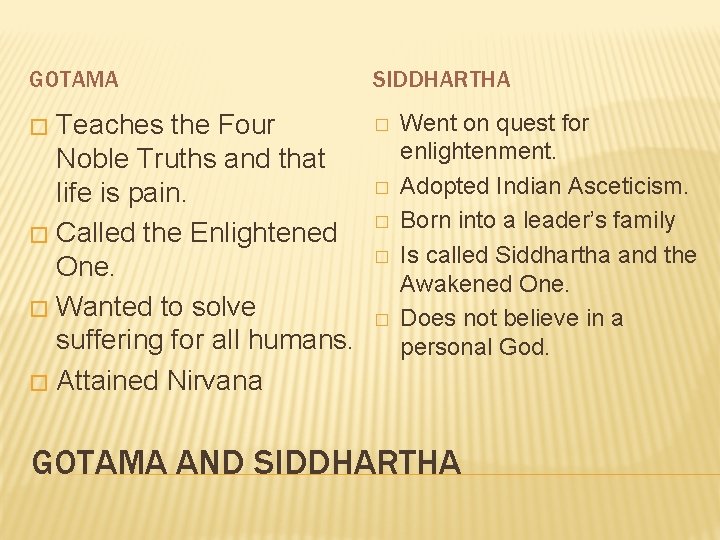 GOTAMA SIDDHARTHA Teaches the Four Noble Truths and that life is pain. � Called