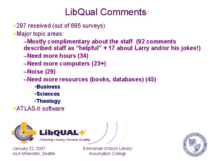 Lib. Qual Comments +297 received (out of 695 surveys) +Major topic areas: –Mostly complimentary