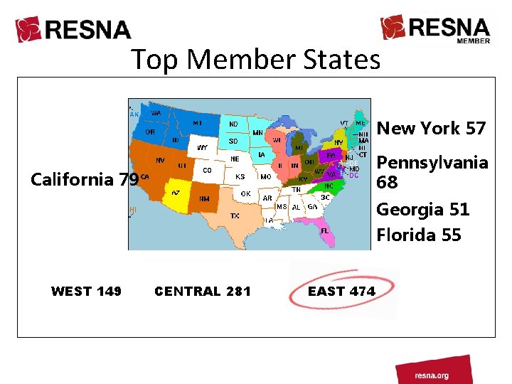 Top Member States New York 57 Pennsylvania 68 California 79 Georgia 51 Florida 55