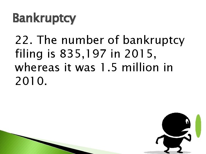 Bankruptcy 22. The number of bankruptcy filing is 835, 197 in 2015, whereas it