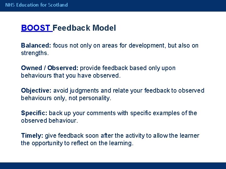 NHS Education for Scotland BOOST Feedback Model Balanced: focus not only on areas for